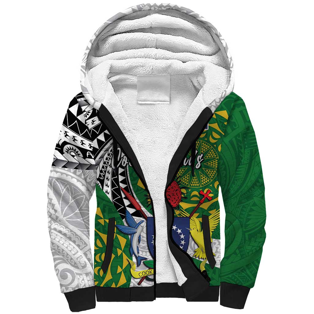 Cook Islands Independence Day Sherpa Hoodie National Flag and Emblem with Tatau Tattoo