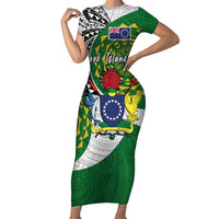 Cook Islands Independence Day Short Sleeve Bodycon Dress National Flag and Emblem with Tatau Tattoo