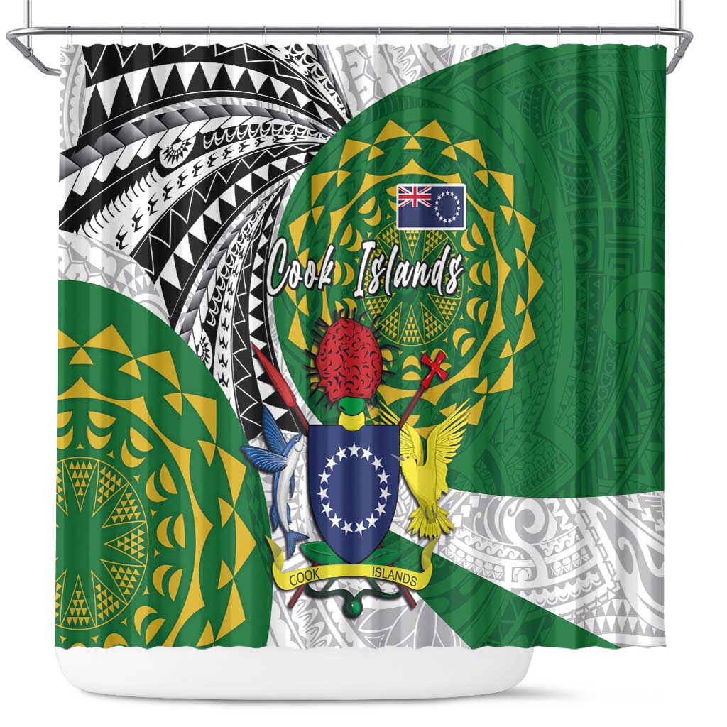 Cook Islands Independence Day Shower Curtain National Flag and Emblem with Tatau Tattoo
