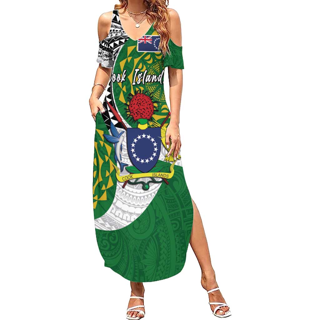 Cook Islands Independence Day Summer Maxi Dress National Flag and Emblem with Tatau Tattoo