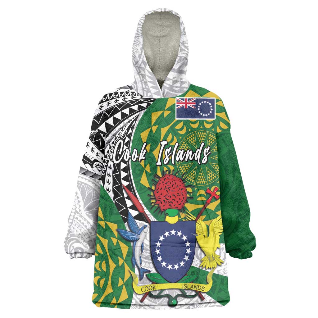 Cook Islands Independence Day Wearable Blanket Hoodie National Flag and Emblem with Tatau Tattoo LT03 One Size - Polynesian Pride
