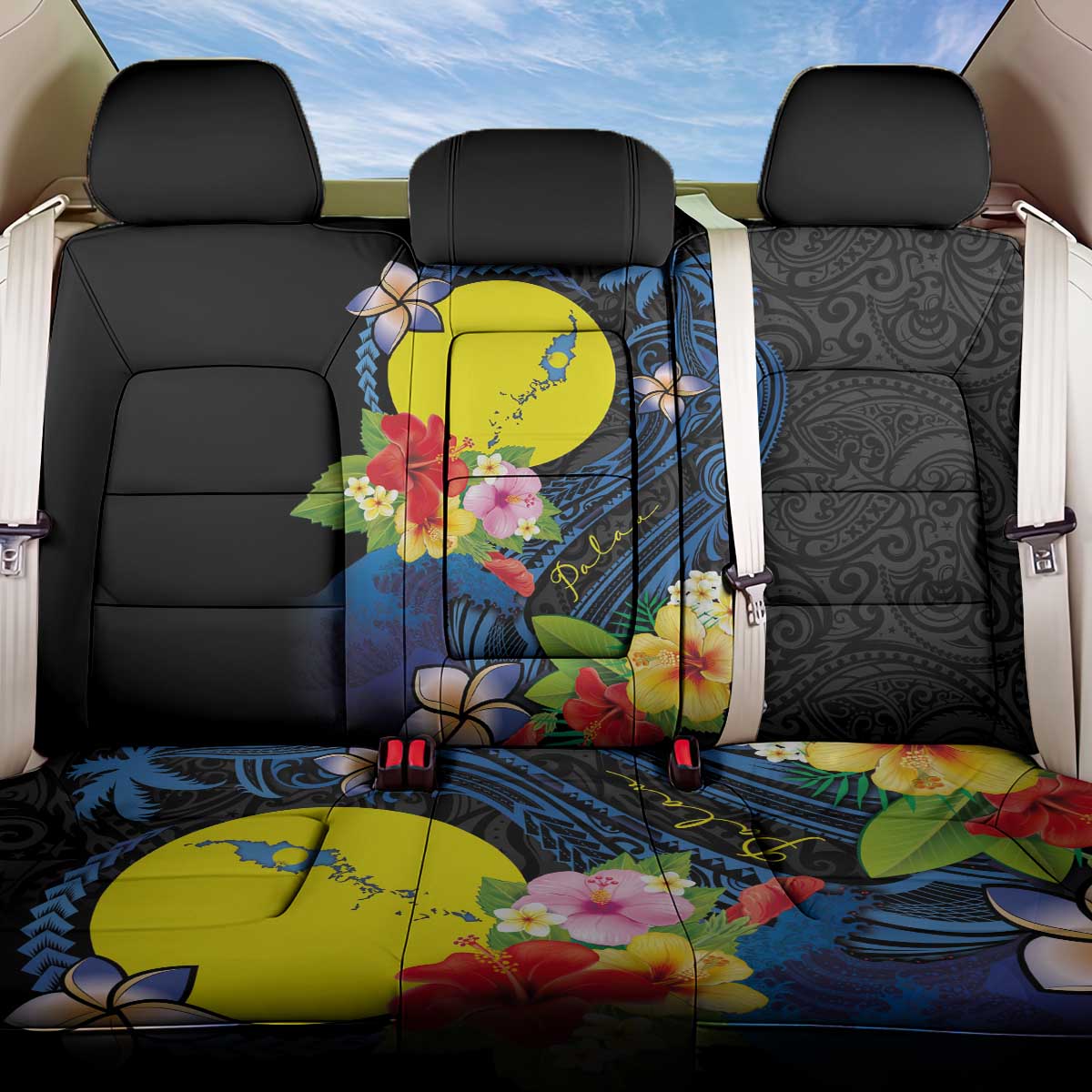 Palau Independence Day Back Car Seat Cover Melanesian Tattoo with Hibiscus