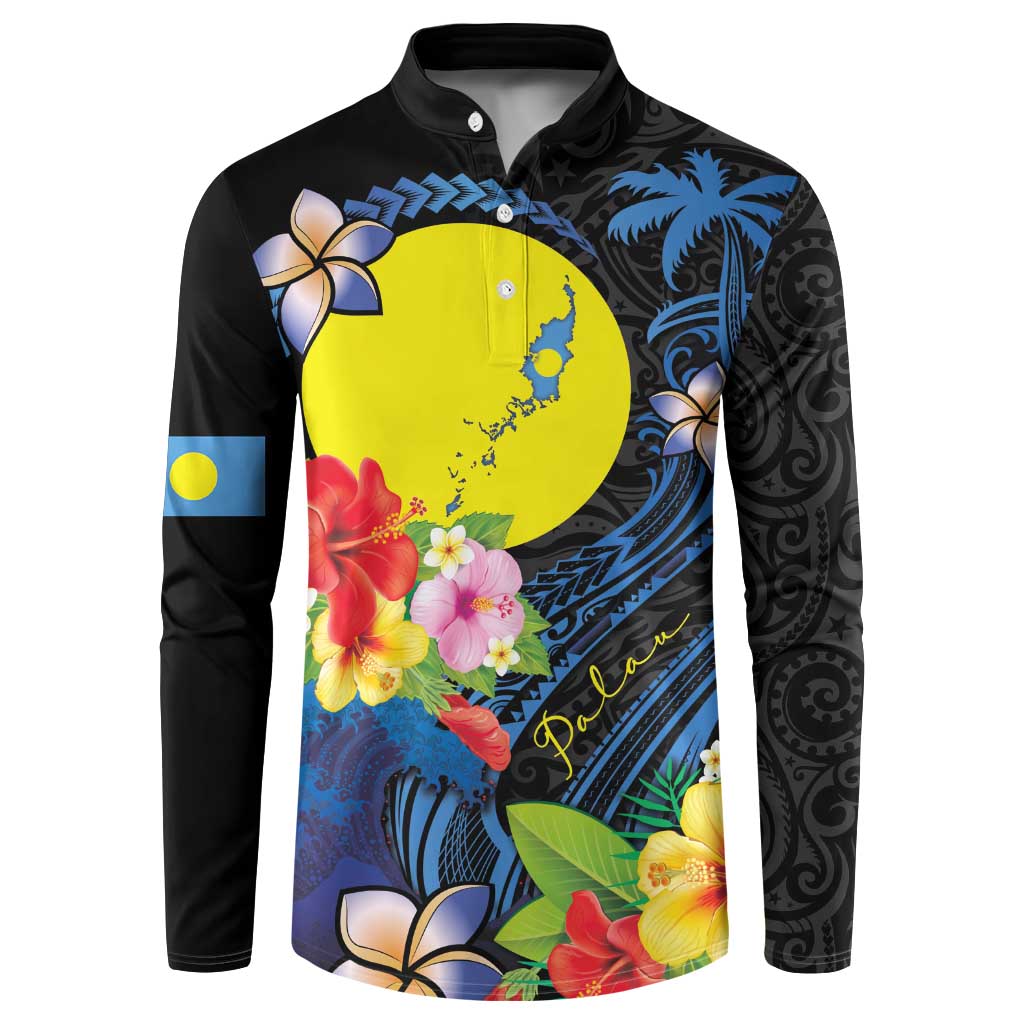 Palau Independence Day Button Sweatshirt Melanesian Tattoo with Hibiscus