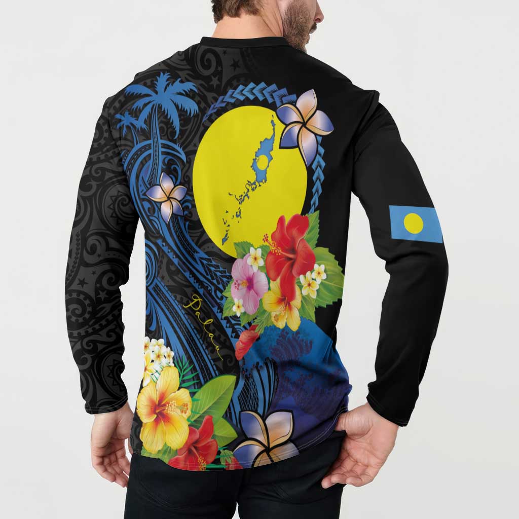 Palau Independence Day Button Sweatshirt Melanesian Tattoo with Hibiscus