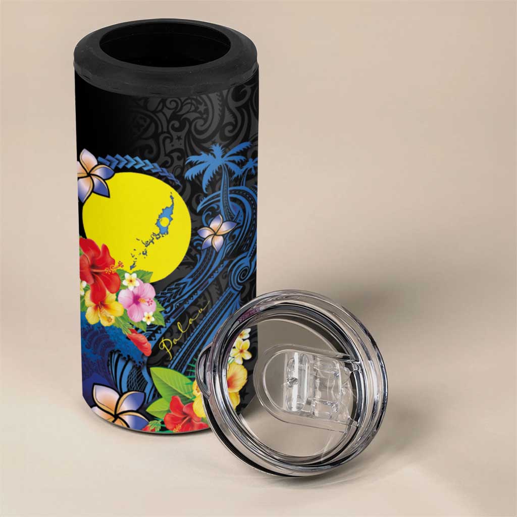 Palau Independence Day 4 in 1 Can Cooler Tumbler Melanesian Tattoo with Hibiscus LT03 - Polynesian Pride