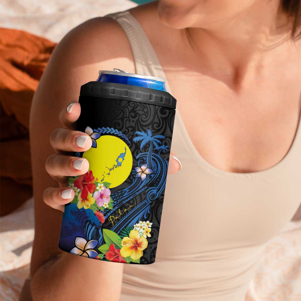 Palau Independence Day 4 in 1 Can Cooler Tumbler Melanesian Tattoo with Hibiscus LT03 - Polynesian Pride