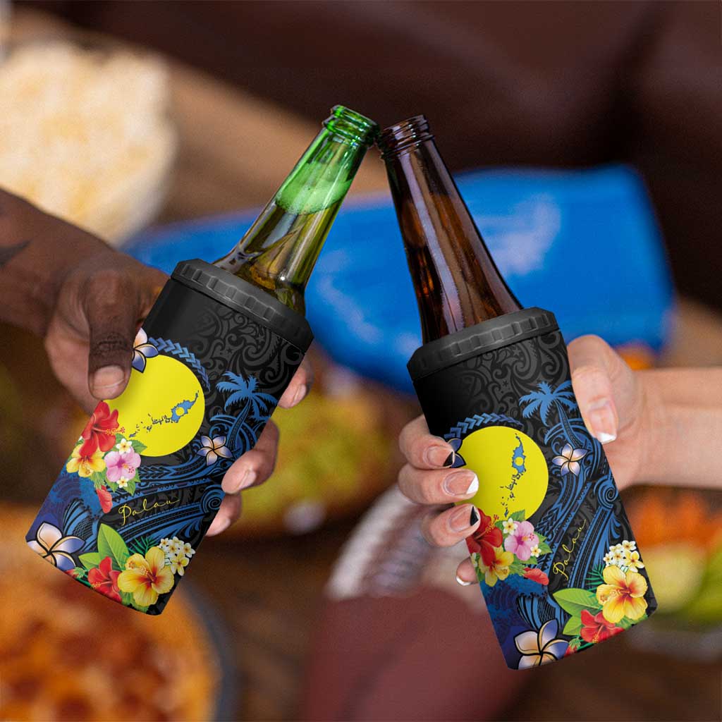 Palau Independence Day 4 in 1 Can Cooler Tumbler Melanesian Tattoo with Hibiscus LT03 - Polynesian Pride