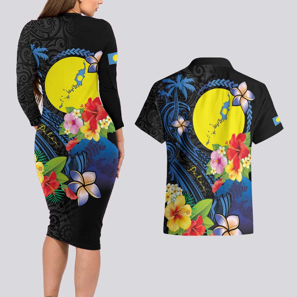Palau Independence Day Couples Matching Long Sleeve Bodycon Dress and Hawaiian Shirt Melanesian Tattoo with Hibiscus