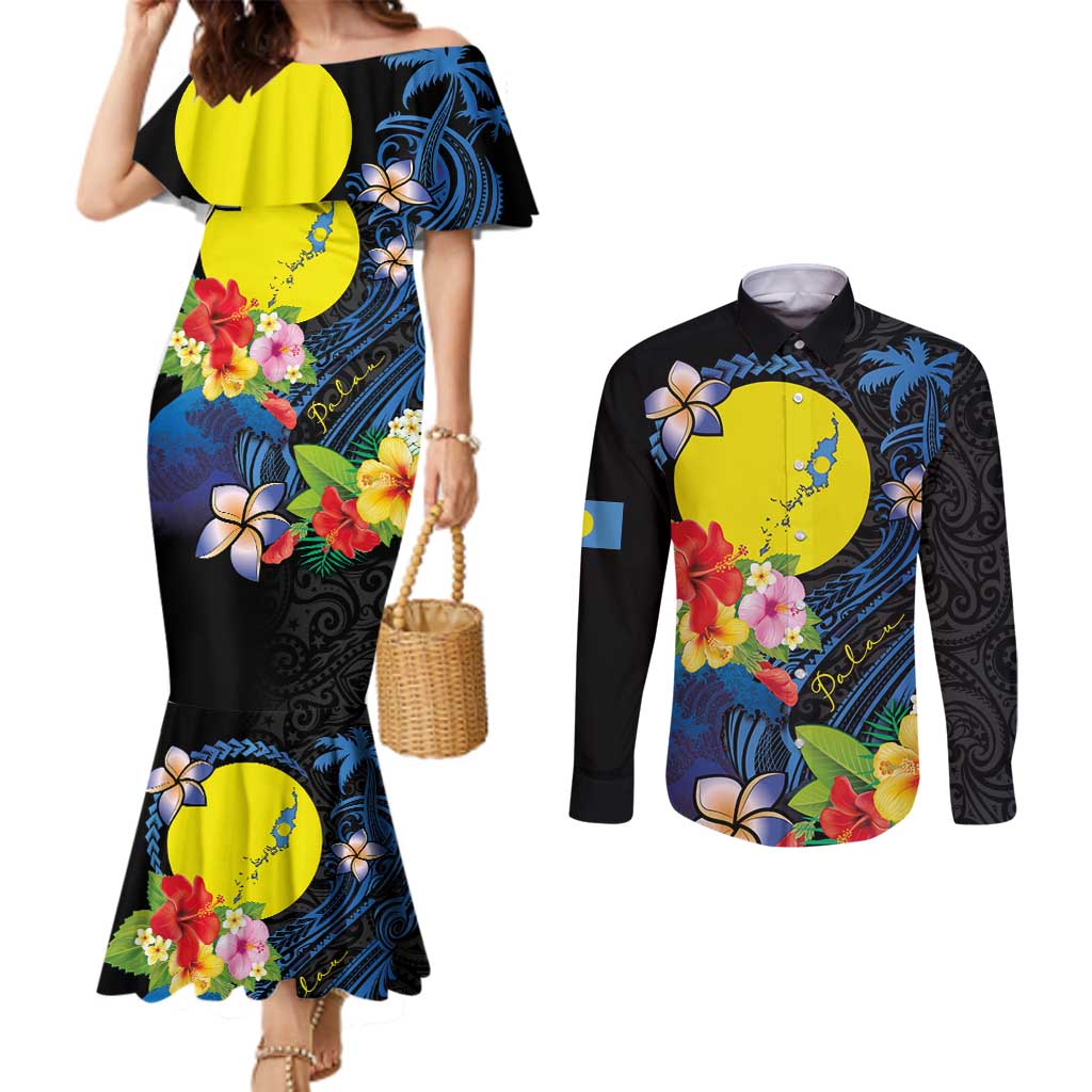 Palau Independence Day Couples Matching Mermaid Dress and Long Sleeve Button Shirt Melanesian Tattoo with Hibiscus