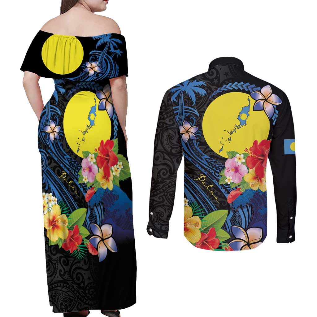 Palau Independence Day Couples Matching Off Shoulder Maxi Dress and Long Sleeve Button Shirt Melanesian Tattoo with Hibiscus