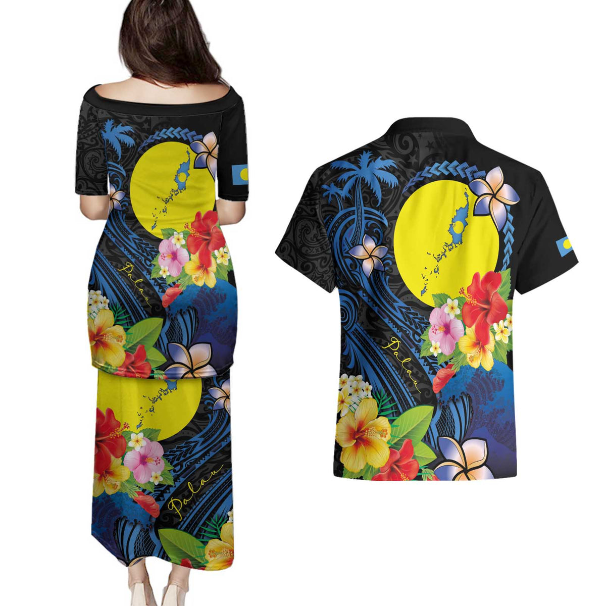 Palau Independence Day Couples Matching Puletasi and Hawaiian Shirt Melanesian Tattoo with Hibiscus