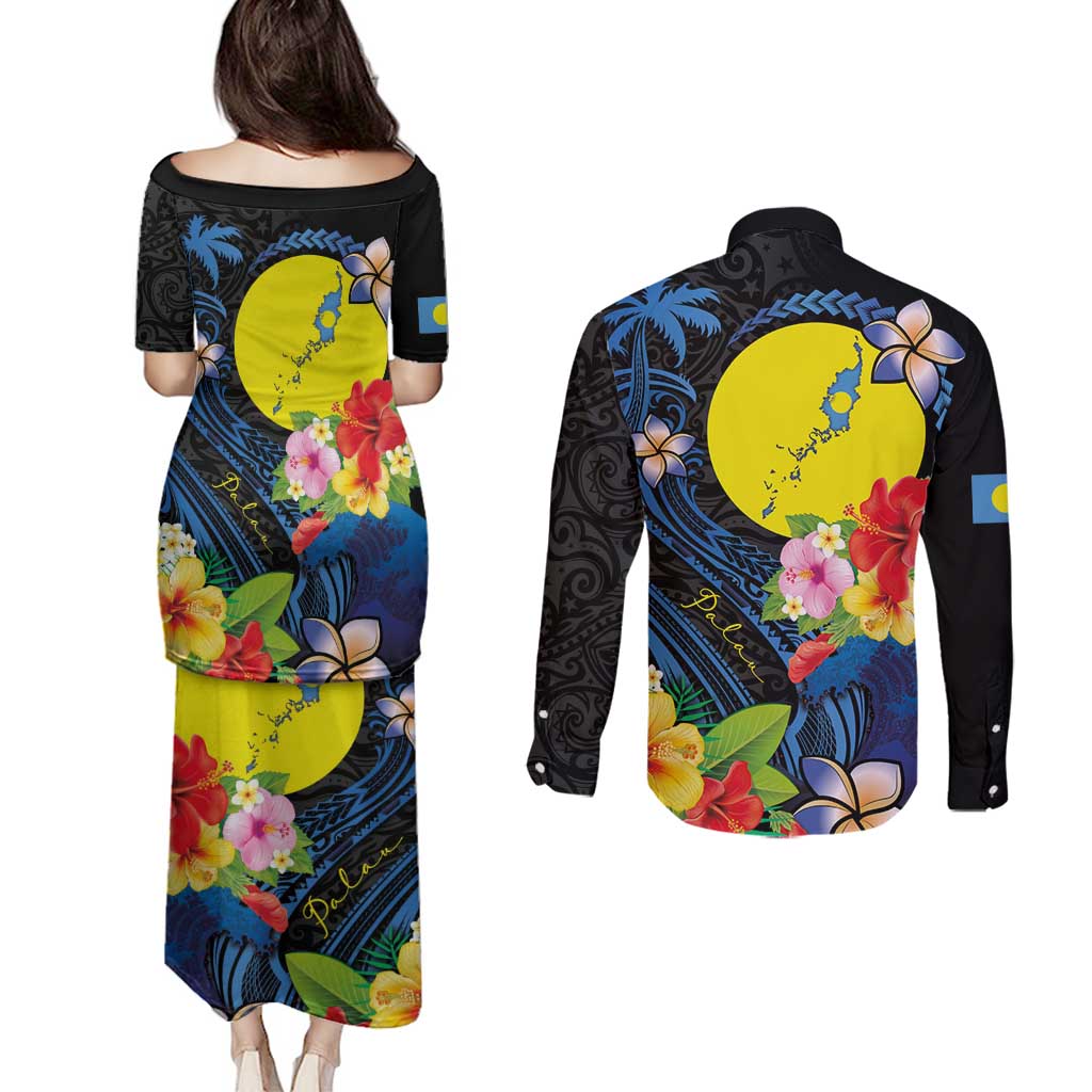 Palau Independence Day Couples Matching Puletasi and Long Sleeve Button Shirt Melanesian Tattoo with Hibiscus