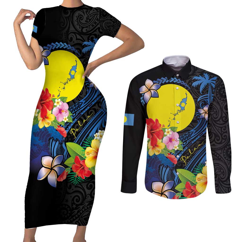 Palau Independence Day Couples Matching Short Sleeve Bodycon Dress and Long Sleeve Button Shirt Melanesian Tattoo with Hibiscus