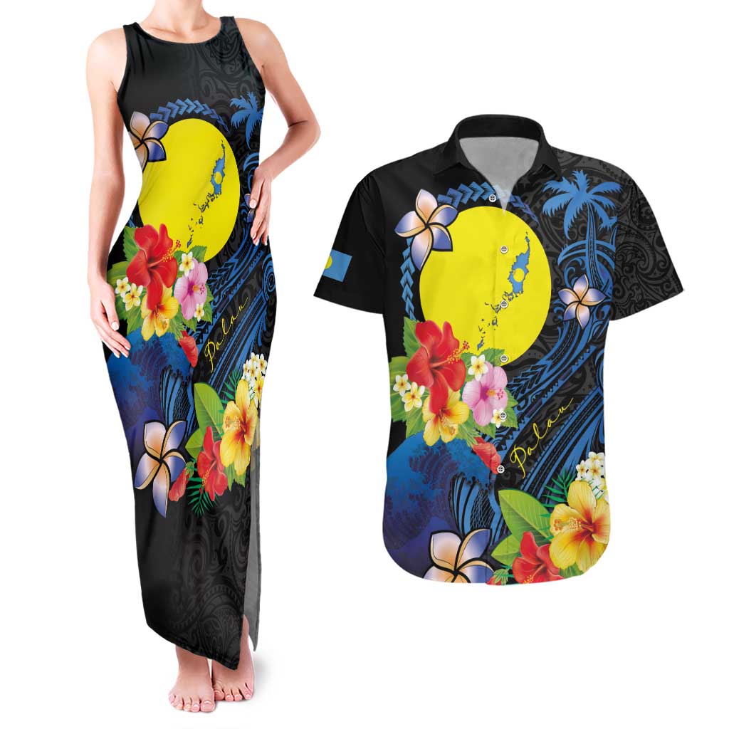 Palau Independence Day Couples Matching Tank Maxi Dress and Hawaiian Shirt Melanesian Tattoo with Hibiscus