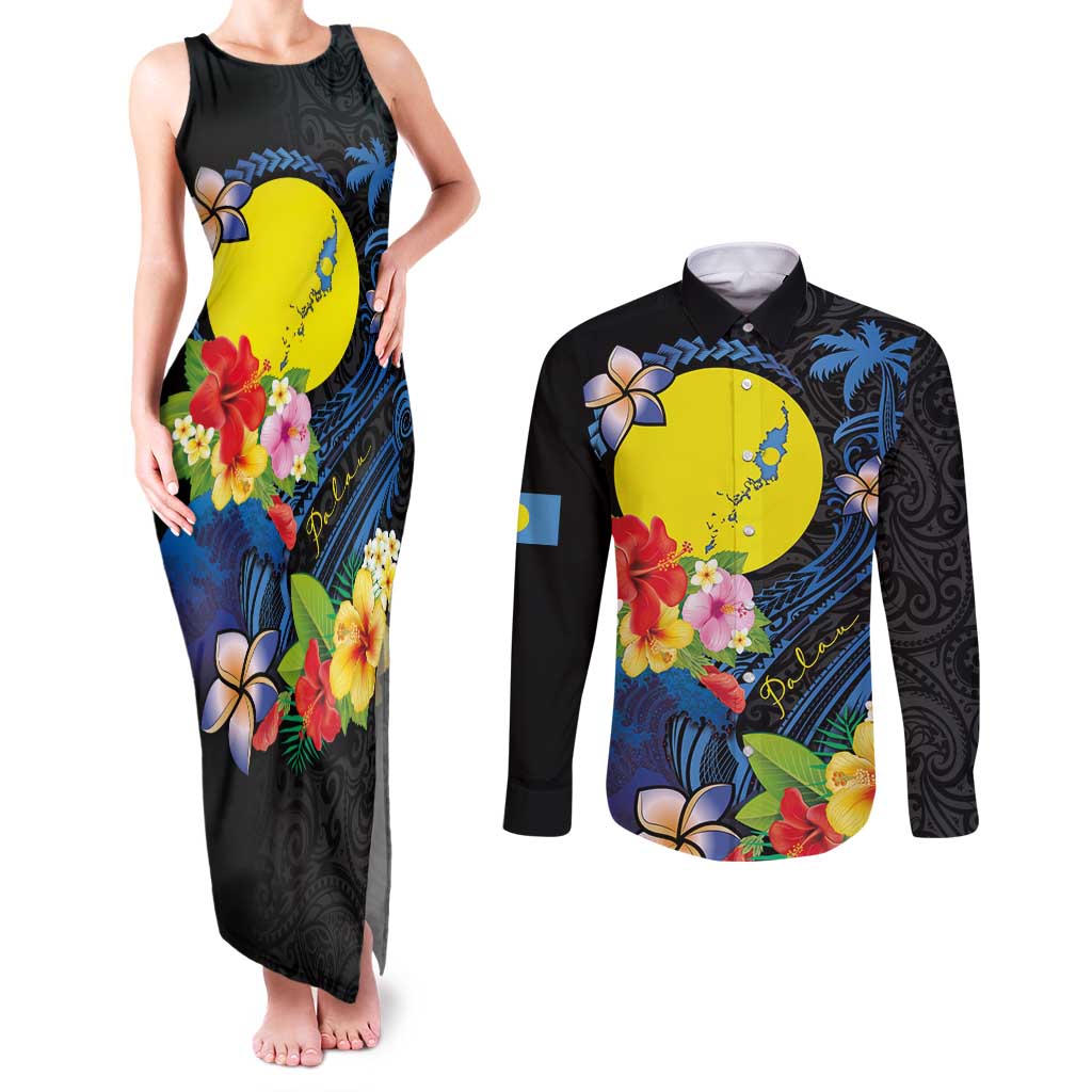 Palau Independence Day Couples Matching Tank Maxi Dress and Long Sleeve Button Shirt Melanesian Tattoo with Hibiscus