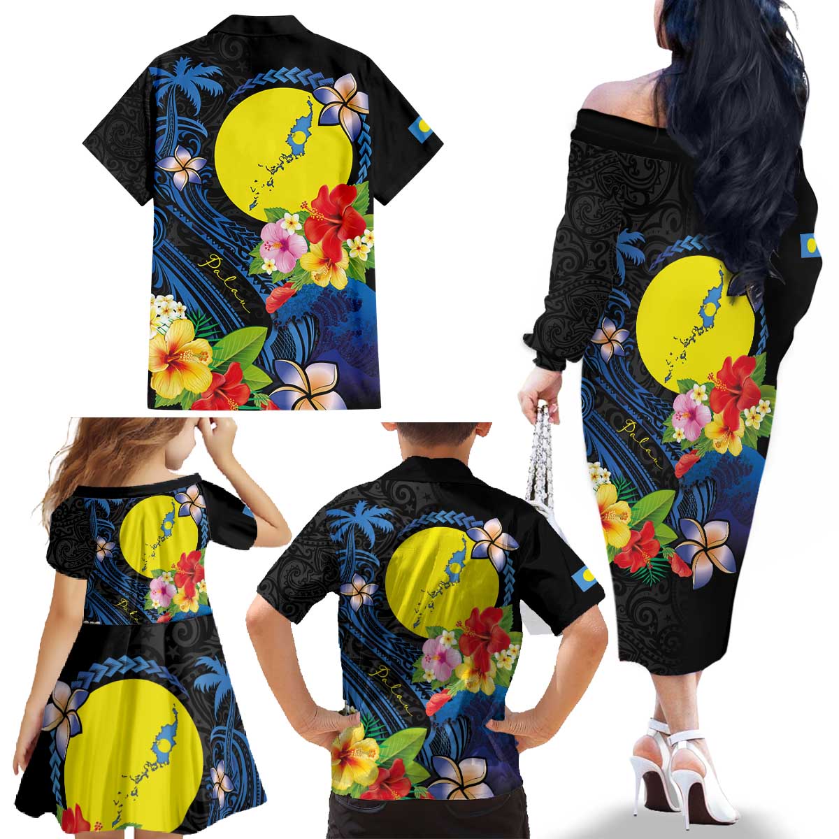 Palau Independence Day Family Matching Off The Shoulder Long Sleeve Dress and Hawaiian Shirt Melanesian Tattoo with Hibiscus