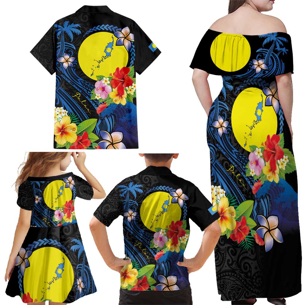 Palau Independence Day Family Matching Off Shoulder Maxi Dress and Hawaiian Shirt Melanesian Tattoo with Hibiscus