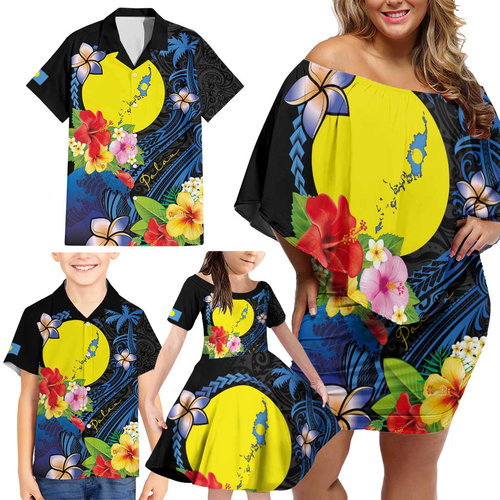 Palau Independence Day Family Matching Off Shoulder Short Dress and Hawaiian Shirt Melanesian Tattoo with Hibiscus