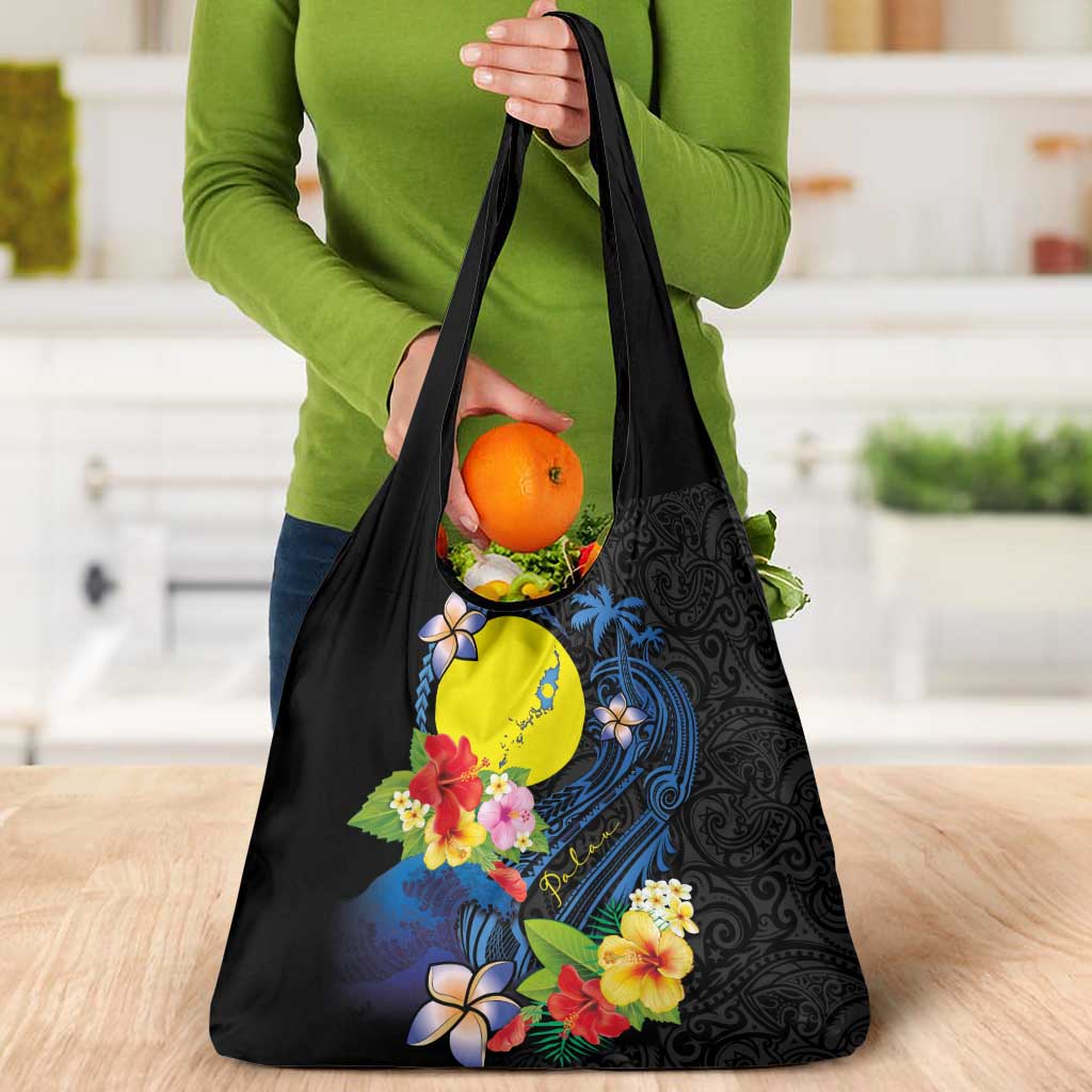 Palau Independence Day Grocery Bag Melanesian Tattoo with Hibiscus LT03 - Polynesian Pride