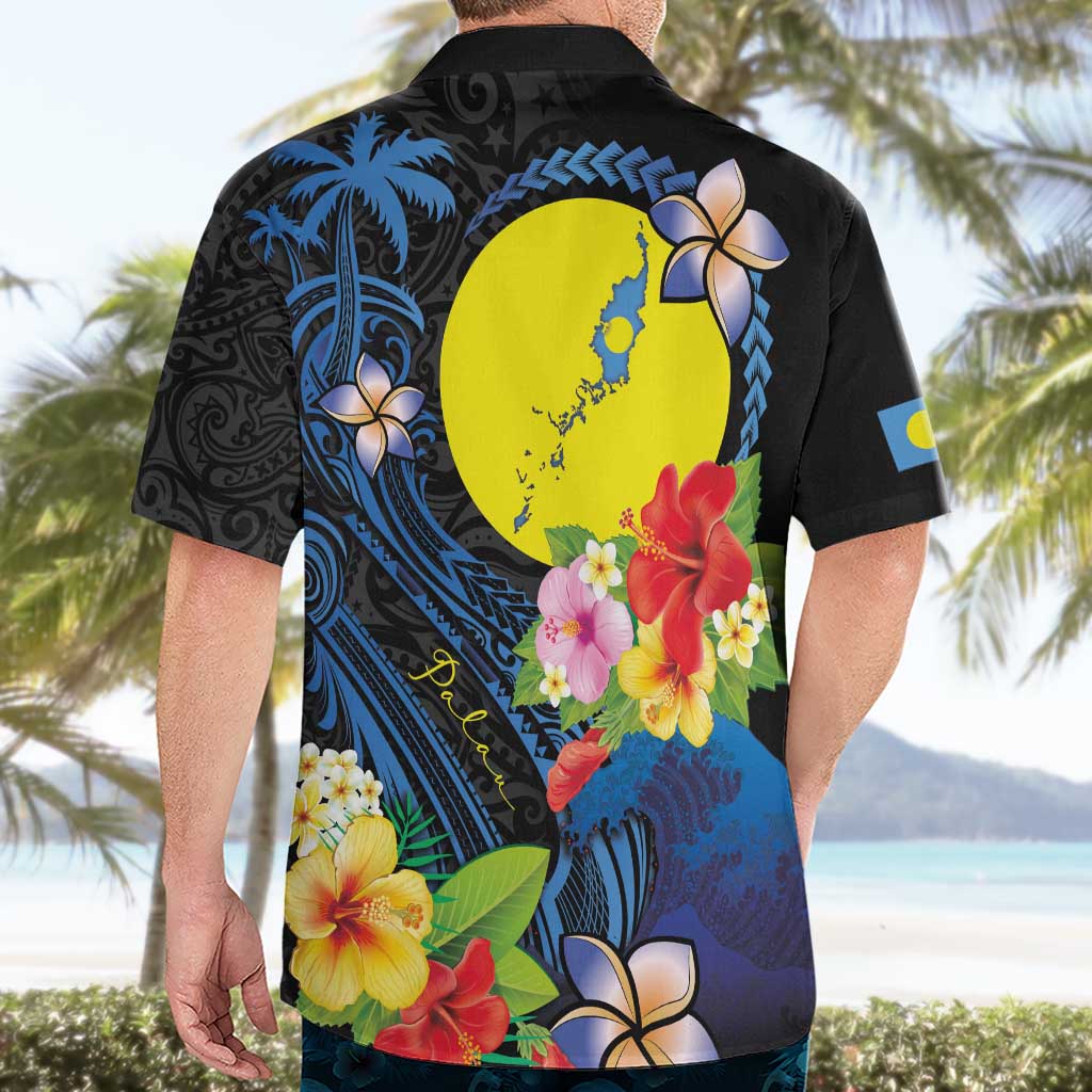 Palau Independence Day Hawaiian Shirt Melanesian Tattoo with Hibiscus