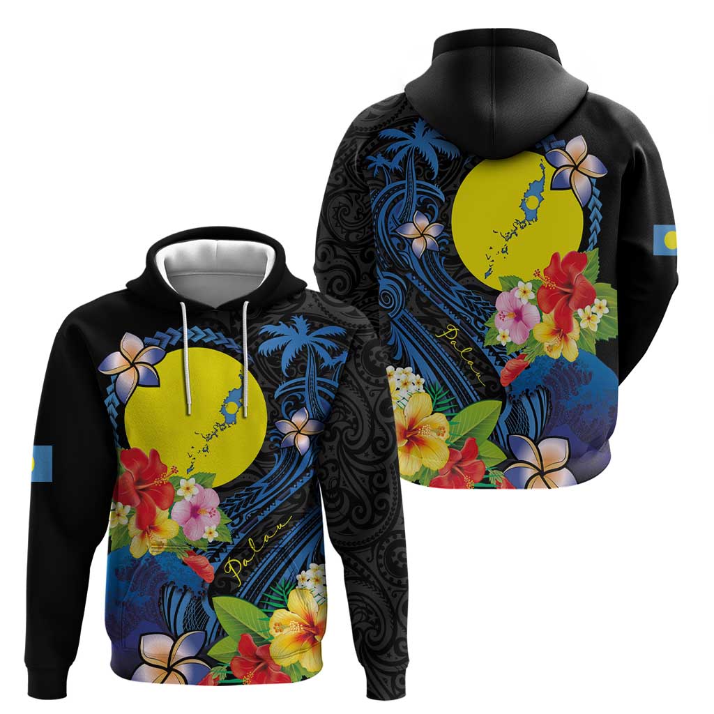 Palau Independence Day Hoodie Melanesian Tattoo with Hibiscus