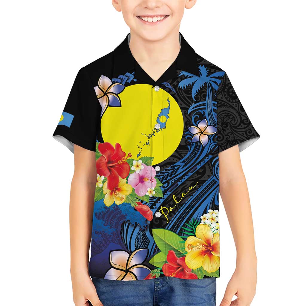 Palau Independence Day Kid Hawaiian Shirt Melanesian Tattoo with Hibiscus