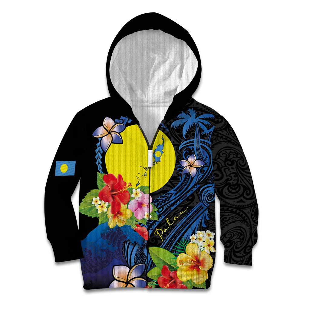 Palau Independence Day Kid Hoodie Melanesian Tattoo with Hibiscus