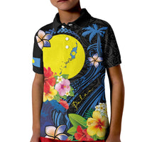 Palau Independence Day Kid Polo Shirt Melanesian Tattoo with Hibiscus