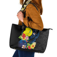 Palau Independence Day Leather Tote Bag Melanesian Tattoo with Hibiscus