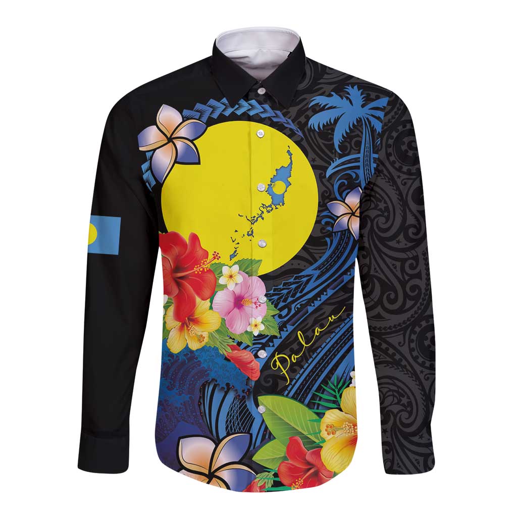 Palau Independence Day Long Sleeve Button Shirt Melanesian Tattoo with Hibiscus