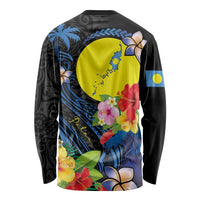 Palau Independence Day Long Sleeve Shirt Melanesian Tattoo with Hibiscus