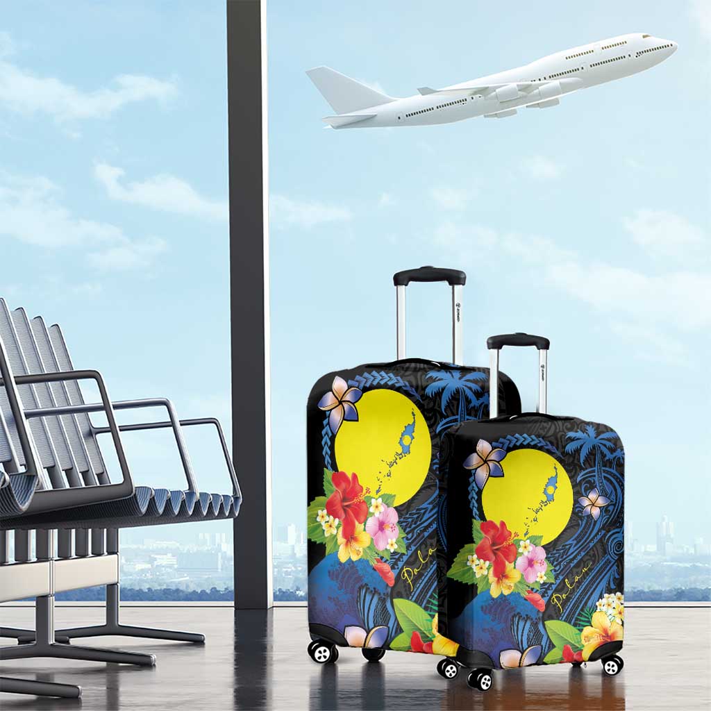 Palau Independence Day Luggage Cover Melanesian Tattoo with Hibiscus