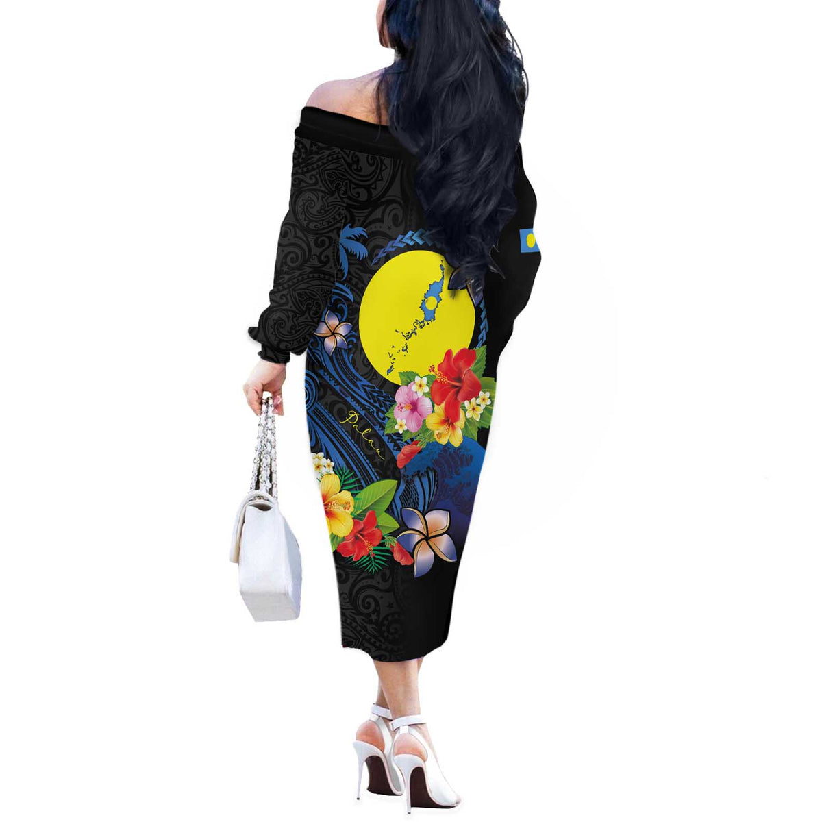 Palau Independence Day Off The Shoulder Long Sleeve Dress Melanesian Tattoo with Hibiscus