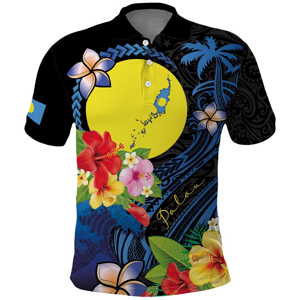 Palau Independence Day Polo Shirt Melanesian Tattoo with Hibiscus