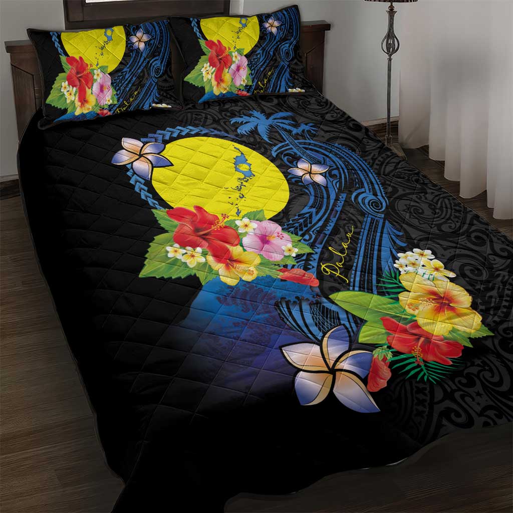 Palau Independence Day Quilt Bed Set Melanesian Tattoo with Hibiscus