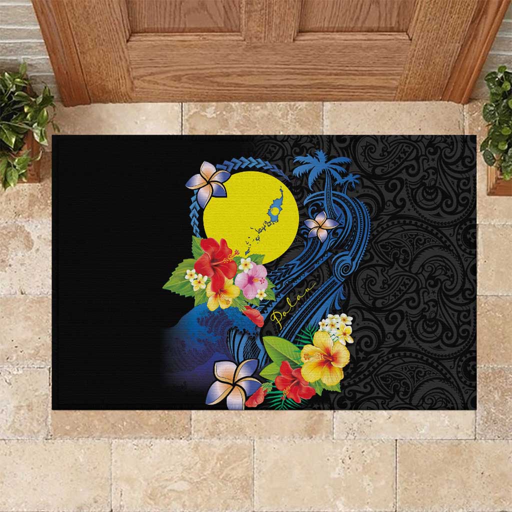 Palau Independence Day Rubber Doormat Melanesian Tattoo with Hibiscus