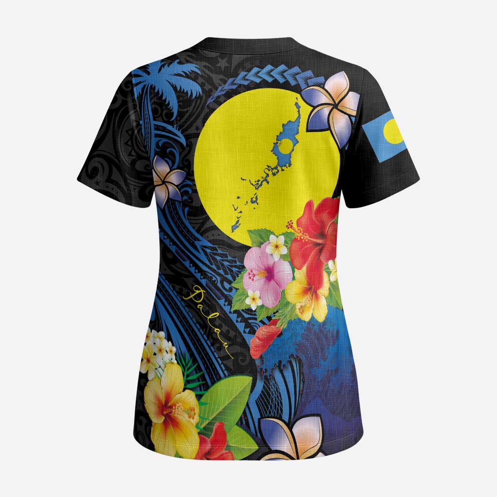 Palau Independence Day Scrub Top Melanesian Tattoo with Hibiscus - Polynesian Pride