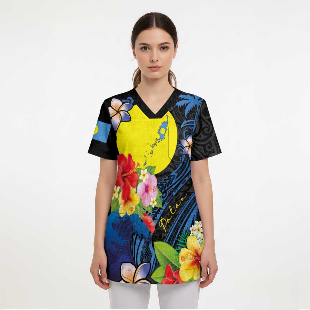 Palau Independence Day Scrub Top Melanesian Tattoo with Hibiscus - Polynesian Pride