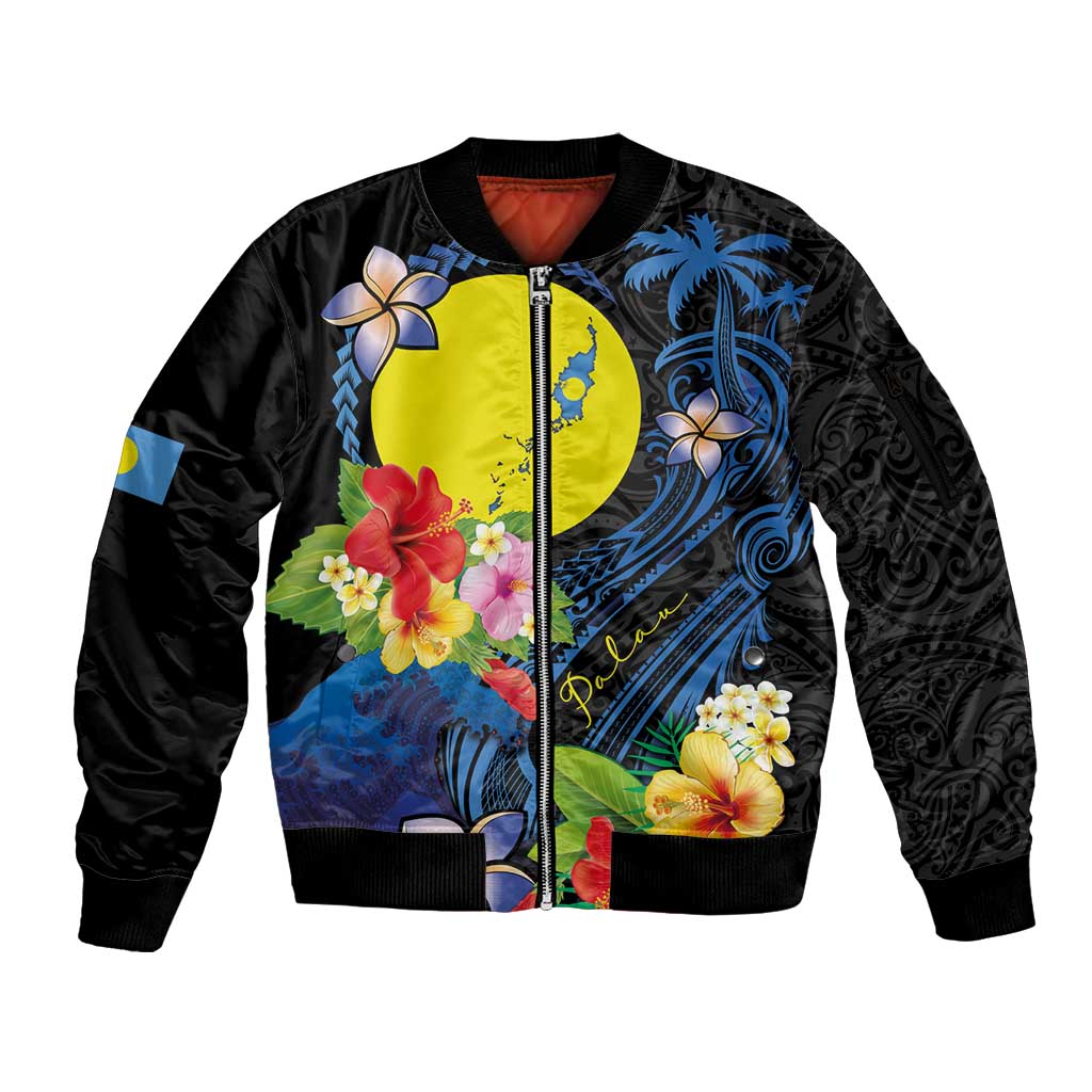 Palau Independence Day Sleeve Zip Bomber Jacket Melanesian Tattoo with Hibiscus