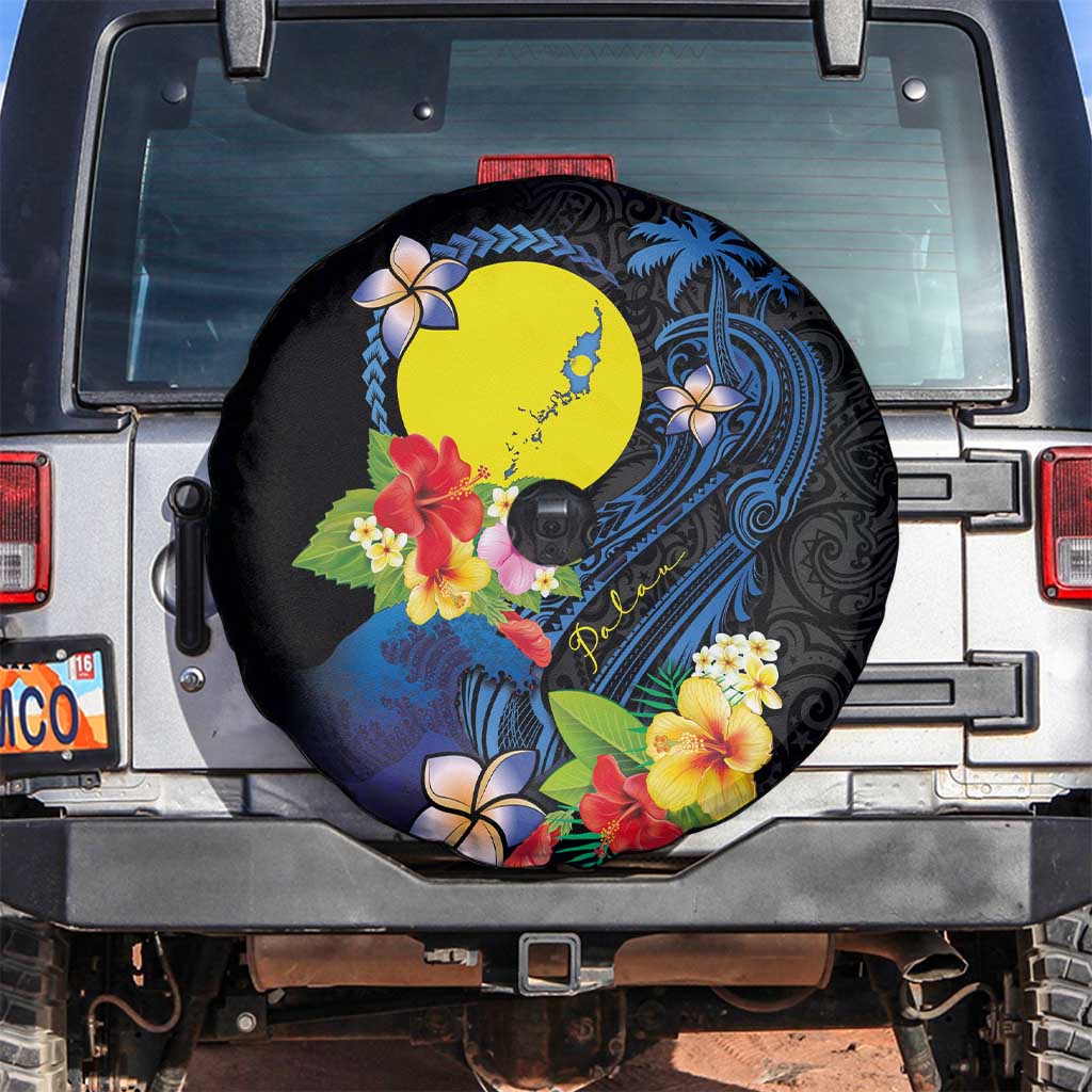 Palau Independence Day Spare Tire Cover Melanesian Tattoo with Hibiscus