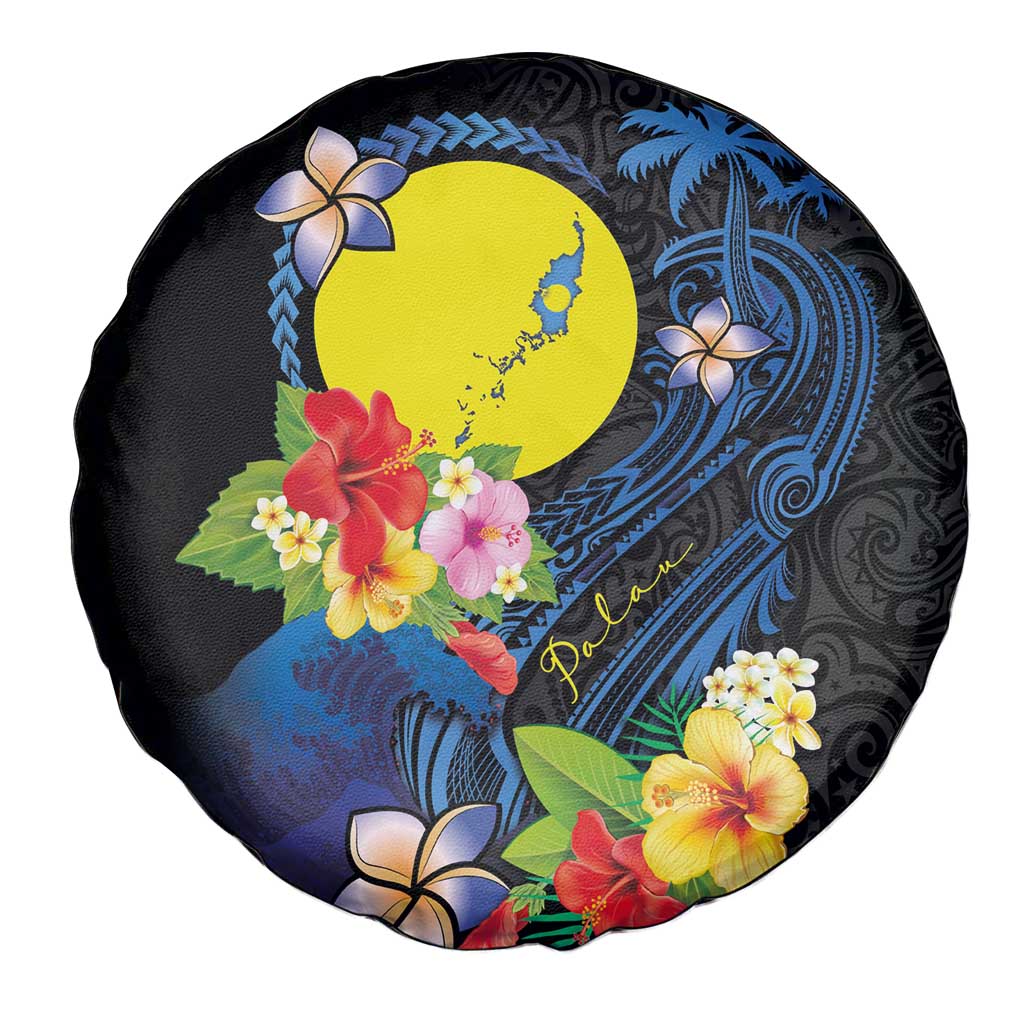 Palau Independence Day Spare Tire Cover Melanesian Tattoo with Hibiscus