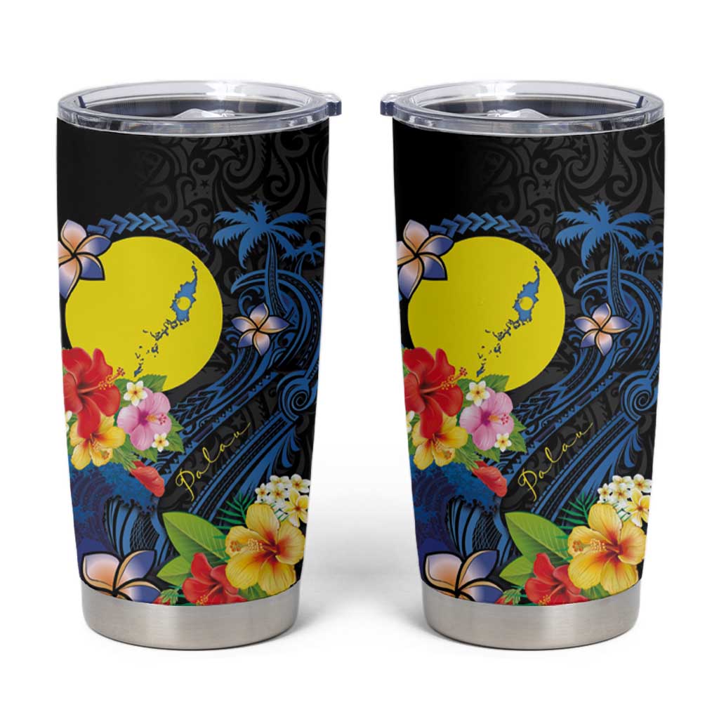 Palau Independence Day Tumbler Cup Melanesian Tattoo with Hibiscus LT03 - Polynesian Pride