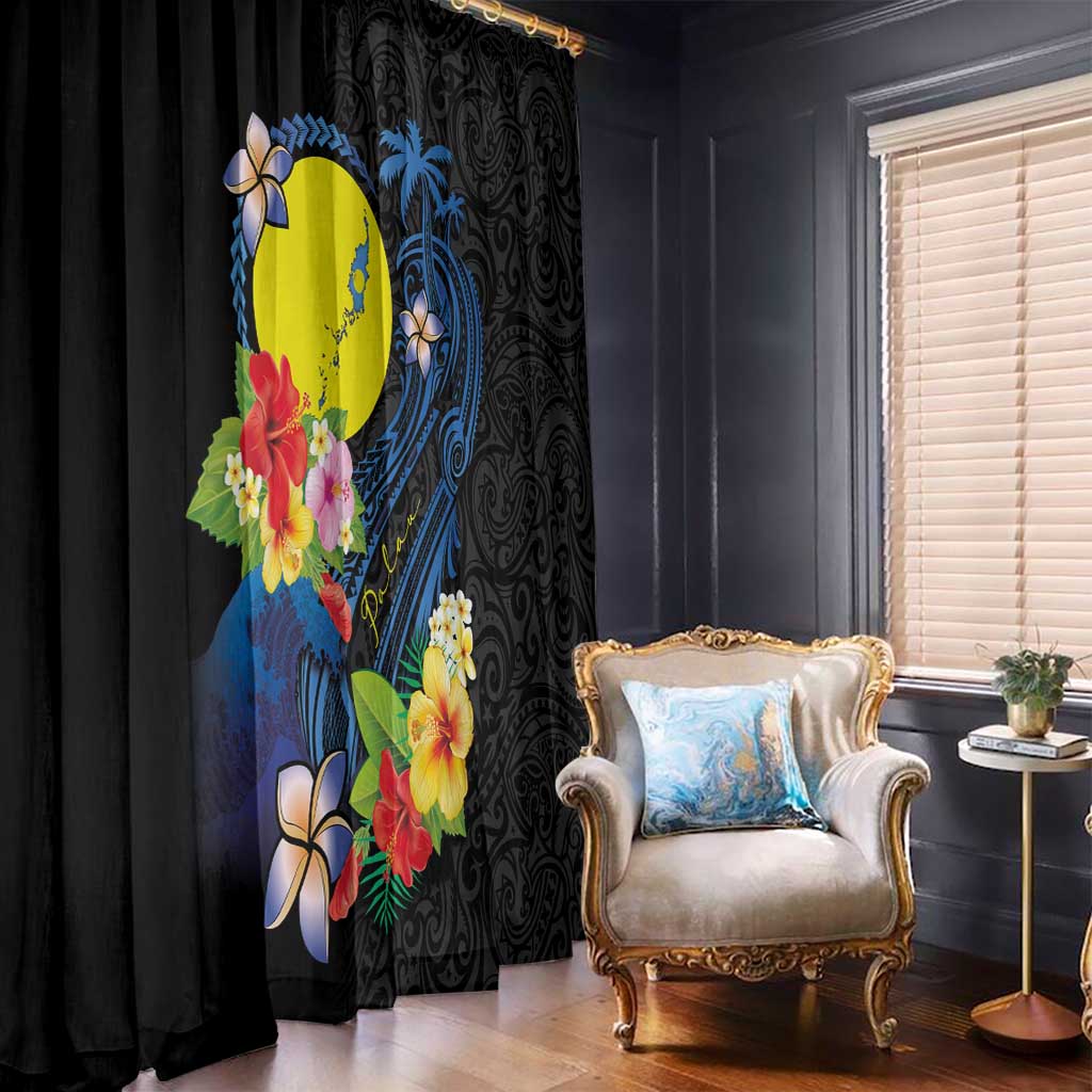 Palau Independence Day Window Curtain Melanesian Tattoo with Hibiscus LT03 - Polynesian Pride