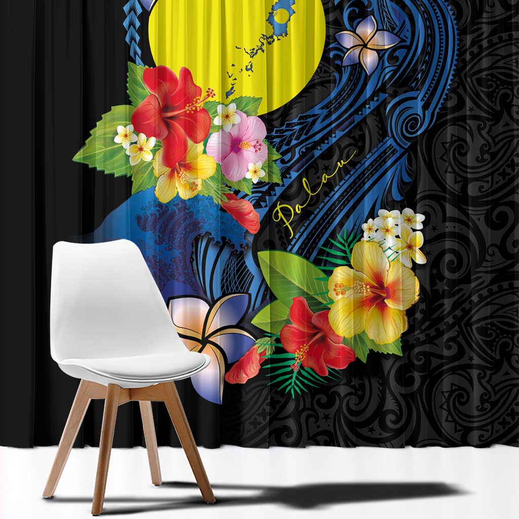 Palau Independence Day Window Curtain Melanesian Tattoo with Hibiscus LT03 - Polynesian Pride