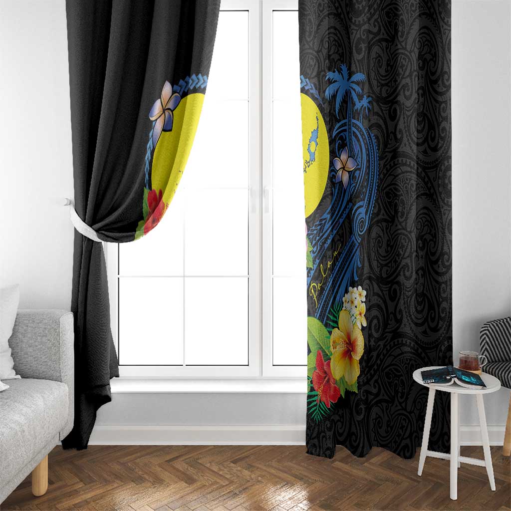 Palau Independence Day Window Curtain Melanesian Tattoo with Hibiscus LT03 - Polynesian Pride
