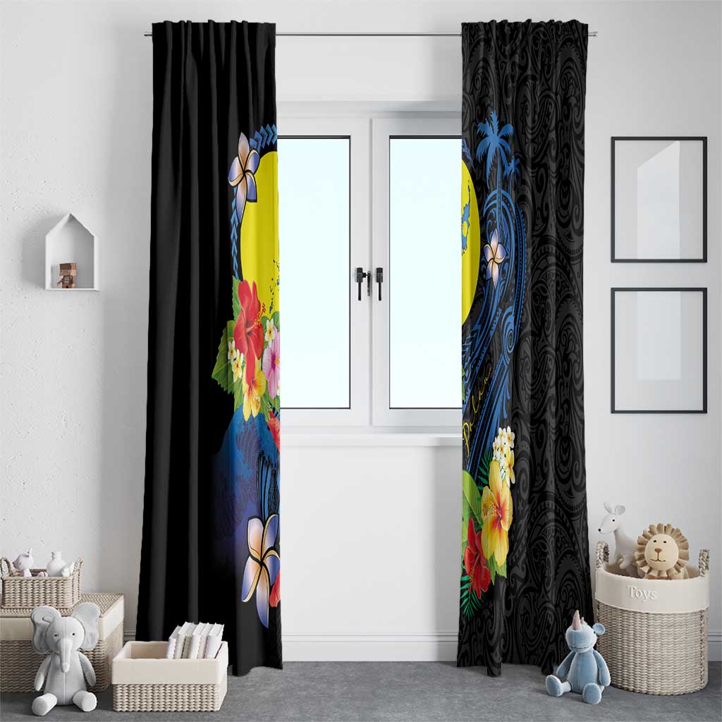 Palau Independence Day Window Curtain Melanesian Tattoo with Hibiscus LT03 - Polynesian Pride