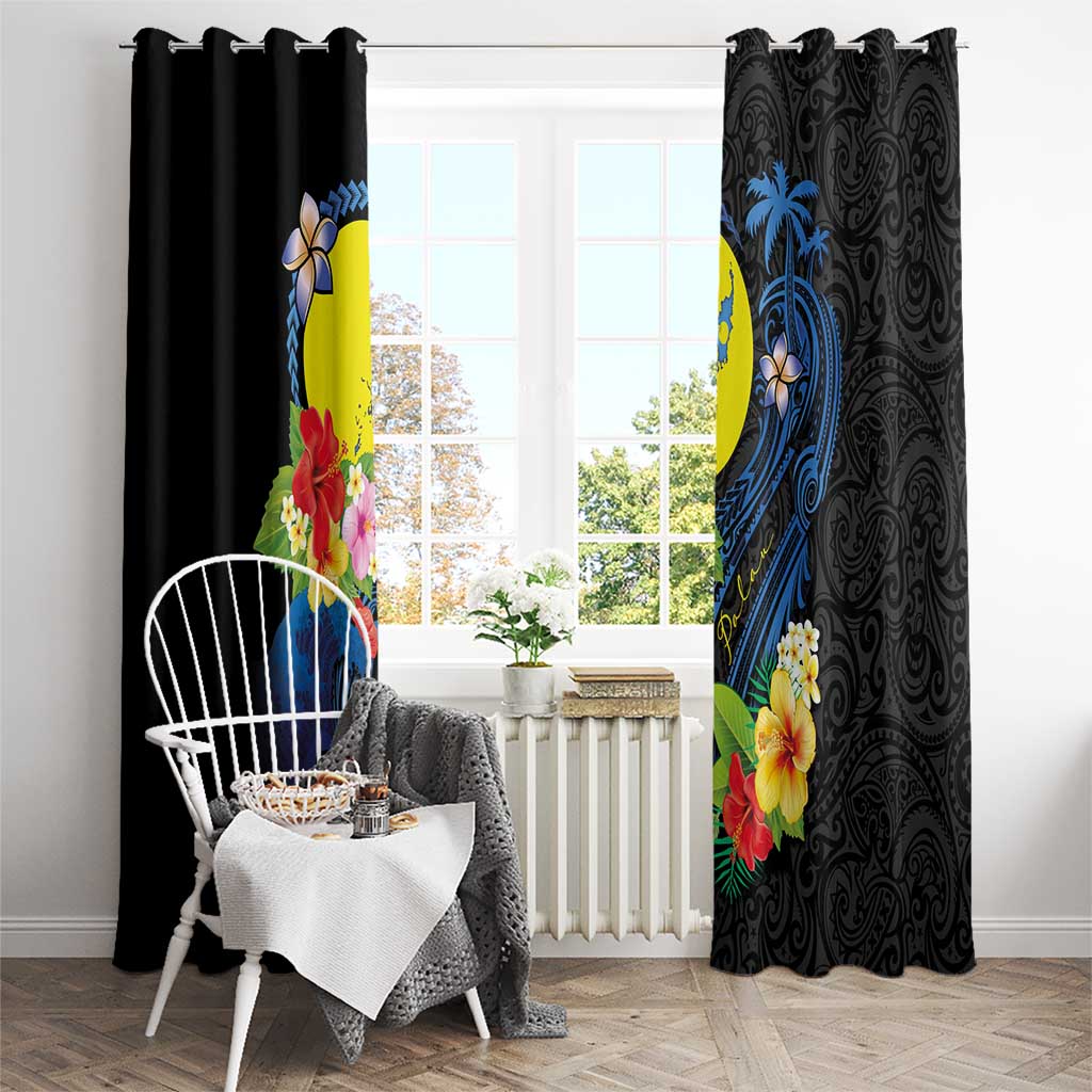 Palau Independence Day Window Curtain Melanesian Tattoo with Hibiscus LT03 - Polynesian Pride