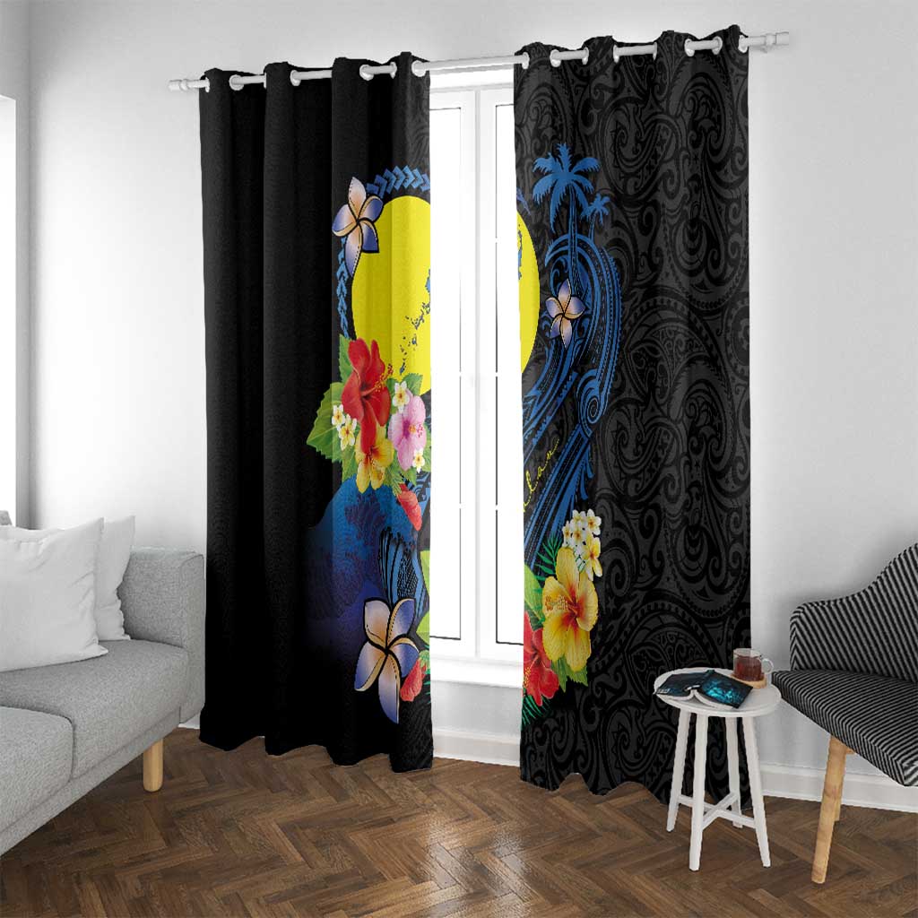 Palau Independence Day Window Curtain Melanesian Tattoo with Hibiscus LT03 With Grommets - Polynesian Pride