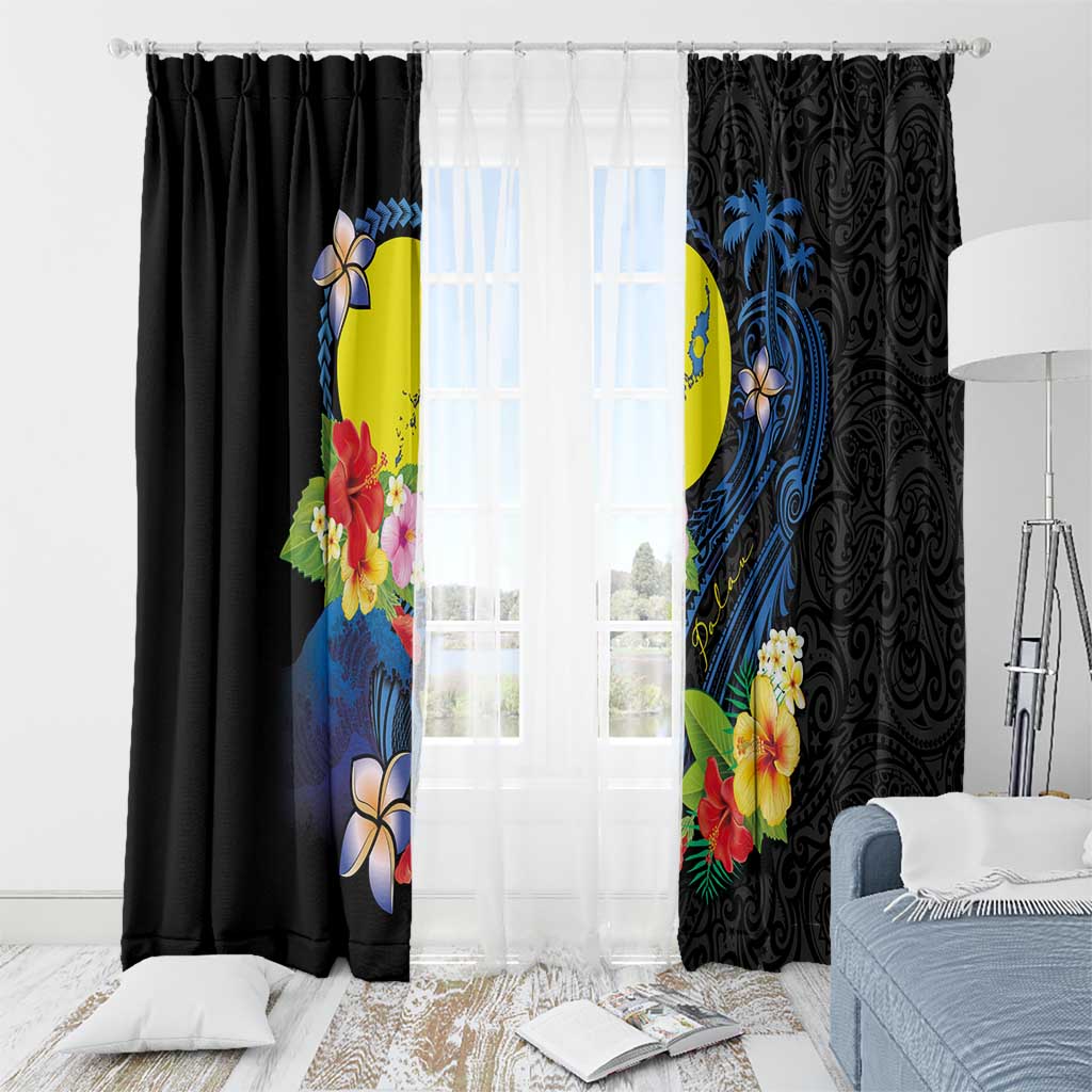 Palau Independence Day Window Curtain Melanesian Tattoo with Hibiscus LT03 - Polynesian Pride