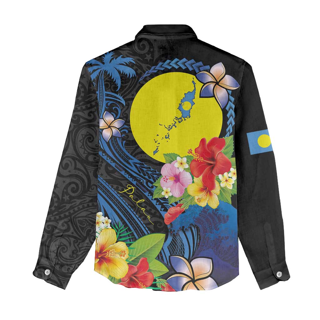 Palau Independence Day Women Casual Shirt Melanesian Tattoo with Hibiscus